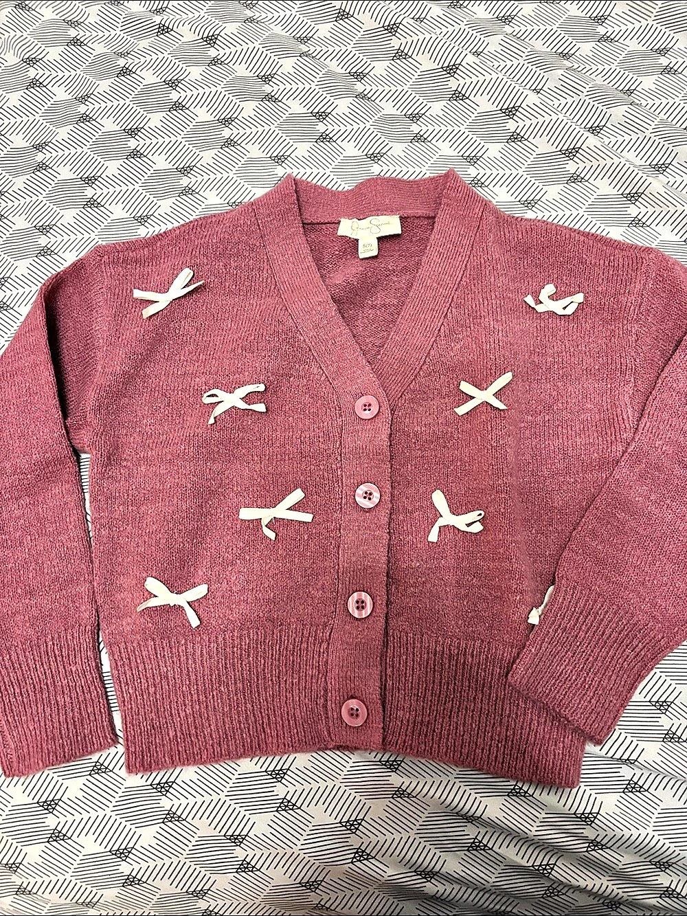 Jessica Simpson Pink Bow Adorned Cable Knit Cardigan Sweater